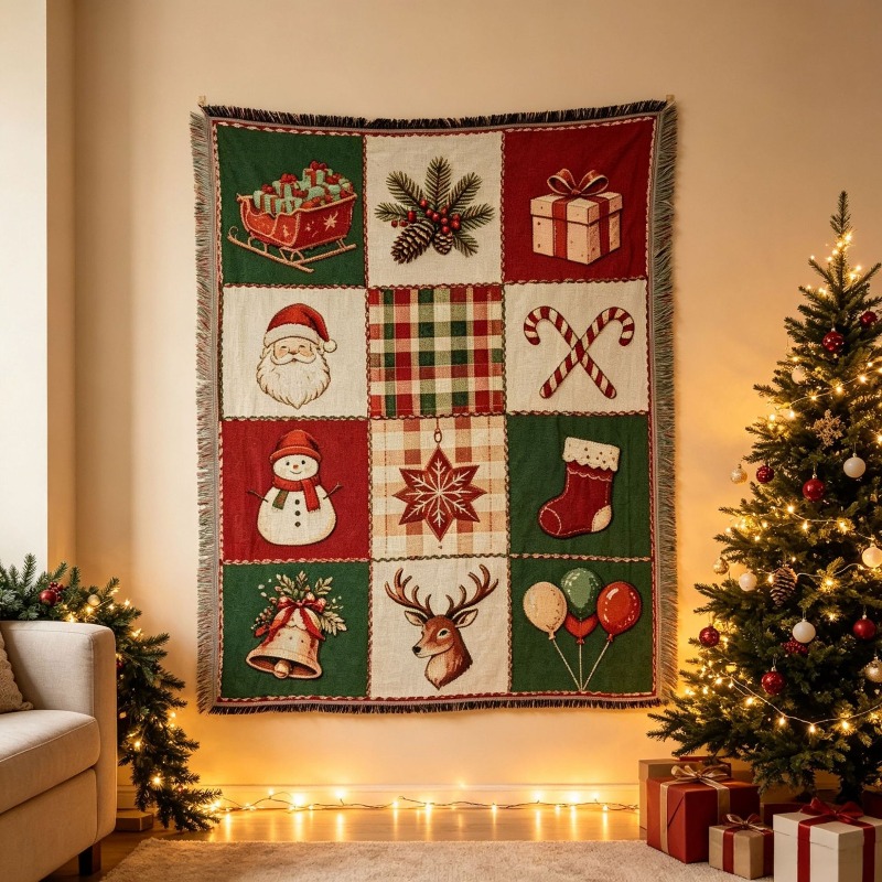 Christmas Throw Blanket - Рождественский жаккардовый гобелен с кисточками для